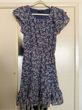 1. State Navy and White Floral Ruffle-Sleeve Kids Dress